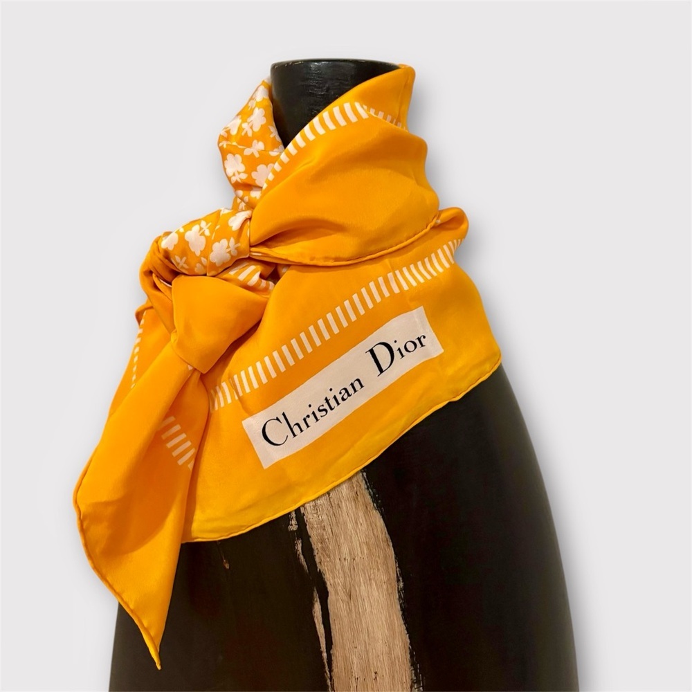 CHRISTIAN DIOR Rare Vintage Christian Dior Golden Silk Scarf 32” Paris Made - Picture 3 of 10